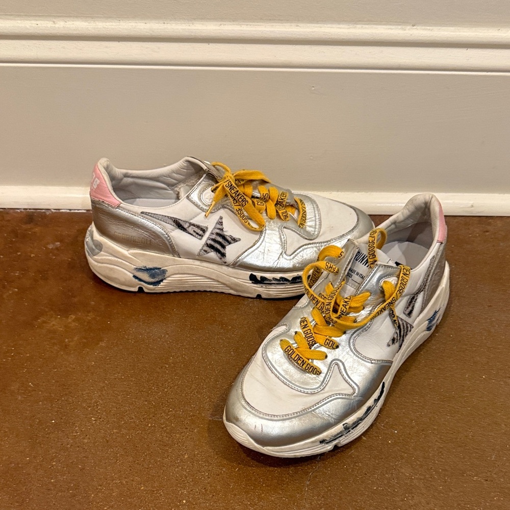 Golden Goose White and Pink Sneakers with Yellow Accents